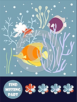 Cute cartoon fish. Complete puzzle, find missing parts of the picture. Game for kids. Stock vector illustration